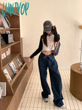 Lunivop Cuffed Waist Jeans Retro Blue Women’s Spring Autumn Street Style Casual Fashion High Wide